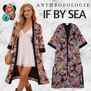 Anthropologie If By Sea S Duster Kimono Black Floral Dark Romantic Boho Festival